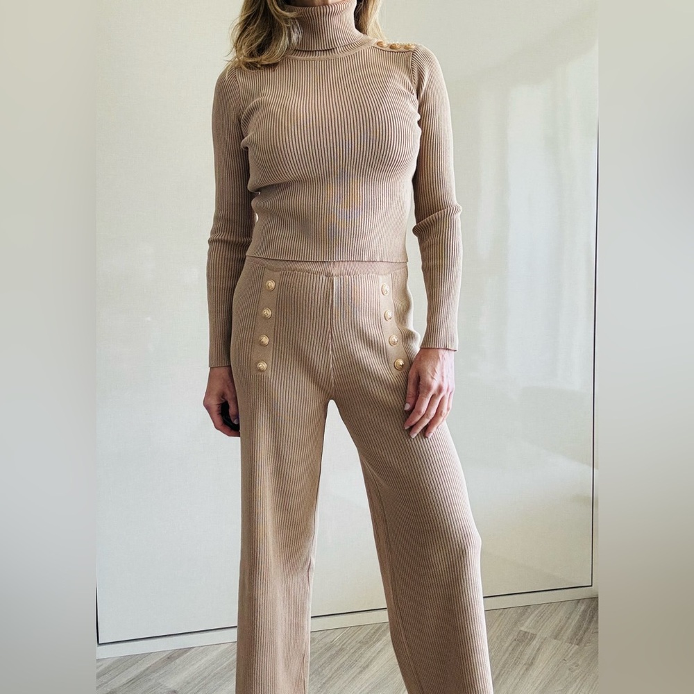 Tan Ribbed Knit Wide Leg Pant and Matching Top. Sold as a set.